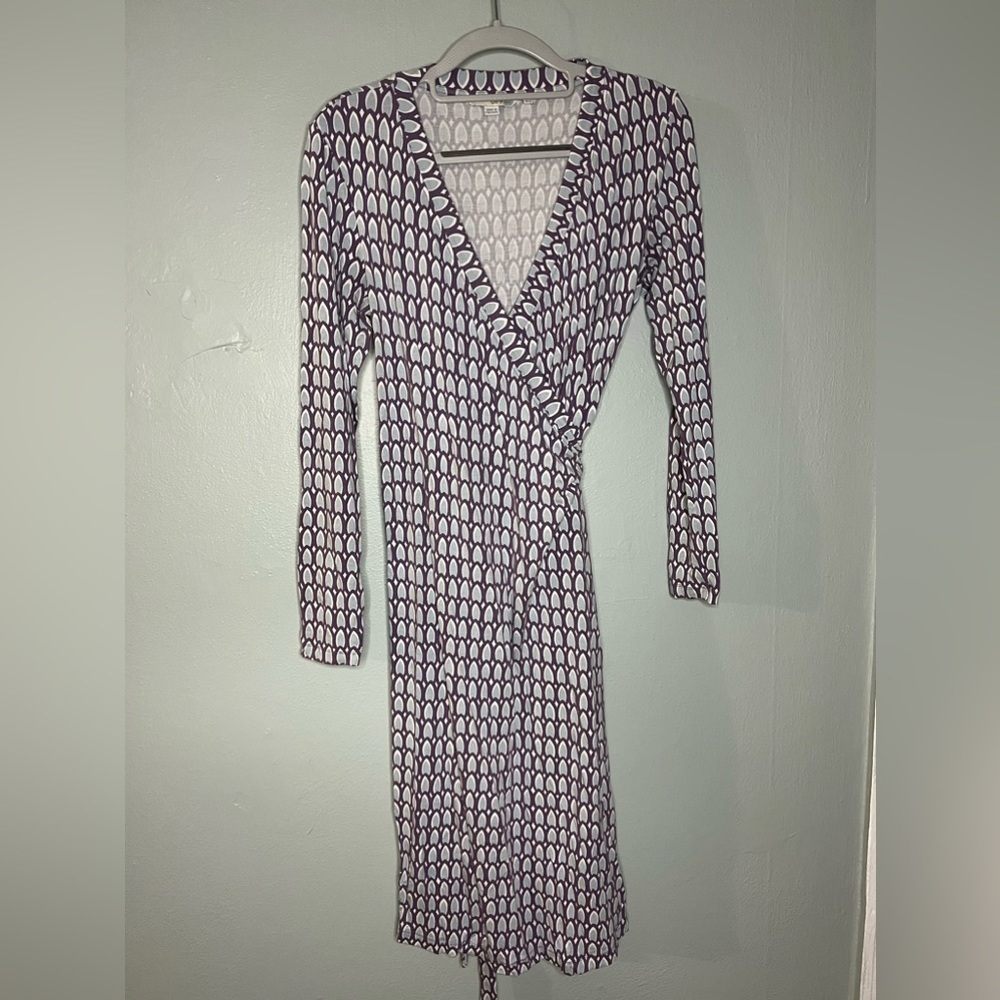 Boden purple and blue‎ patterned long sleeve wrap dress